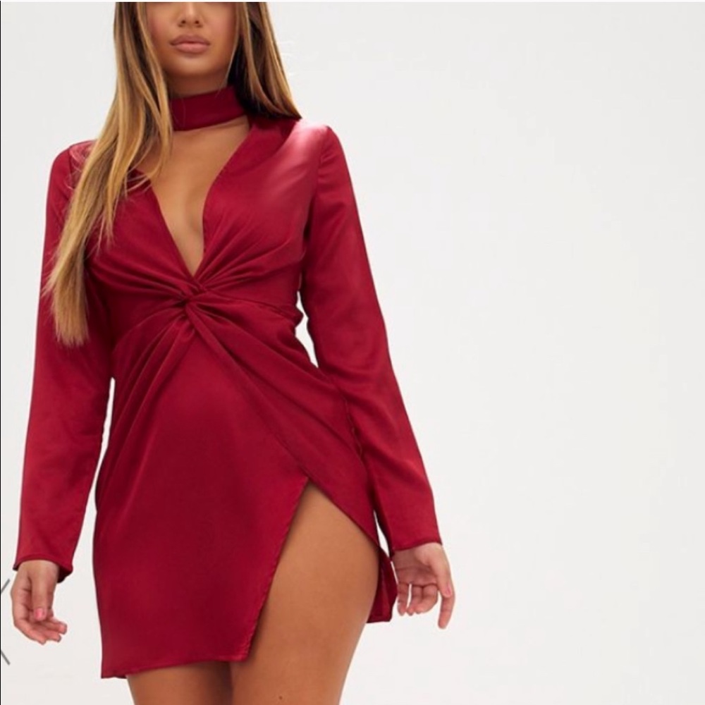 Burgundy satin choker detail wrap bodycon dress